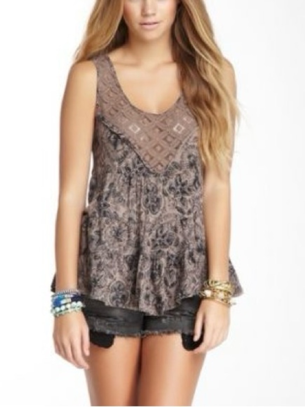 Free People Boho Lace-Trim Sleeveless Babydoll Black and Brown Tank Women Size L